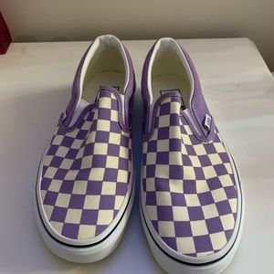 Size 7 purple and white checkered slip on vans